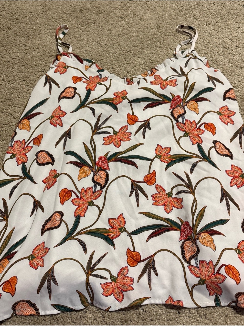 LOFT White Floral Camisole with Orange and Green Accents